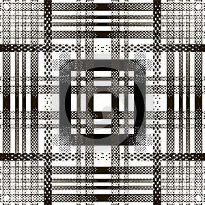 Striped halftone seamless pattern. Vector black and white tartan plaid background. Repeat geometric modern backdrop. Dotted half