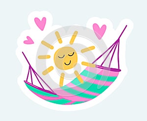Striped hammock and cute smiling sun. Summertime rest