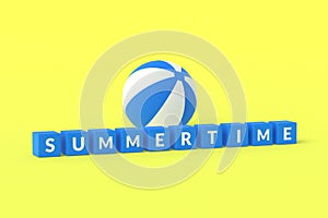 Striped inflatable beach ball and cubes with word summertime on blue background. Recreation on sea or pool in summer