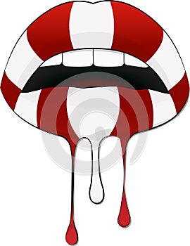 Striped lips - red and white with beautiful teeth, on a white background.