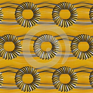 repeating mobius rings objects with yellow grey black and white striped patterns