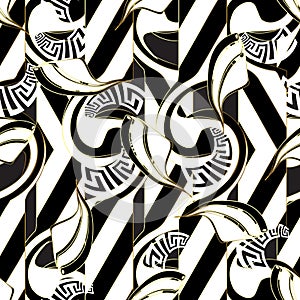 Striped modern black and white vector seamless pattern. Greek or
