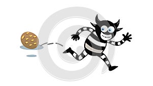 Striped monster comically chasing a rolling cookie, vector design Generative AI