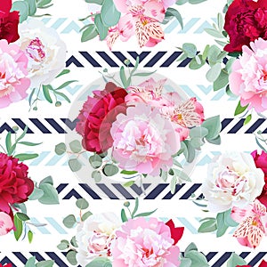 Striped navy and light blue floral seamless vector print with peony, alstroemeria lily, mint eucalyptus. photo