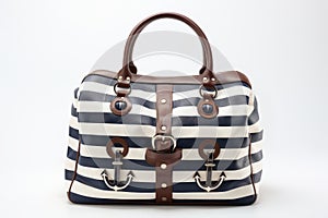 Striped navy and white beach tote bag with nautical themes on white background, empty space