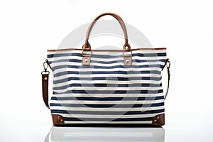 Striped navy and white beach tote bag with nautical themes on white background, empty space