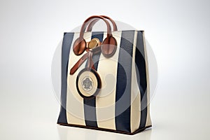 Striped navy and white beach tote bag with nautical themes on white background, empty space