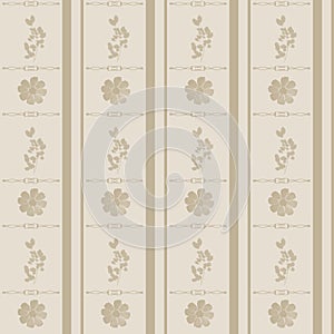 Striped neutral beige vintage victorian retro style wallpaper with  flowers and ornaments