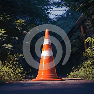 Striped orange parking cone amid natural background, cautionary safety measure