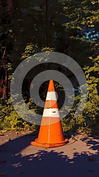 Striped orange parking cone amid natural background, cautionary safety measure