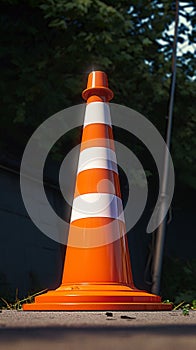 Striped orange parking cone amid natural background, cautionary safety measure