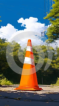 Striped orange parking cone amid natural background, cautionary safety measure