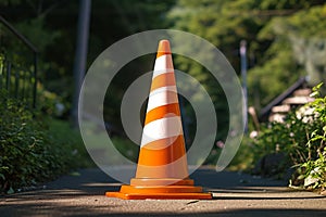 Striped orange parking cone amid natural background, cautionary safety measure