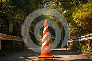 Striped orange parking cone amid natural background, cautionary safety measure