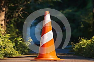 Striped orange parking cone amid natural background, cautionary safety measure