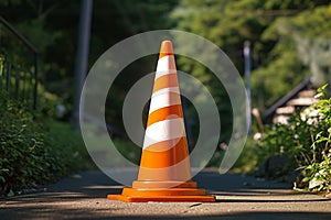 Striped orange parking cone amid natural background, cautionary safety measure photo