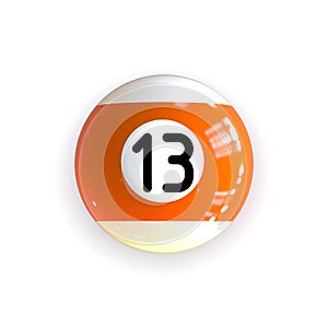 Striped Orange Pool Billiard Ball Number 13 Isolated on White Background.