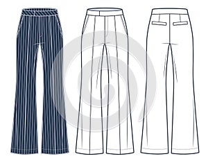 Striped Pants technical fashion illustration, striped pattern. Flared Pants fashion flat technical drawing template, flared bottom