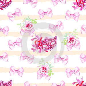 Striped pastel seamless vector print with pink satin bows, rose