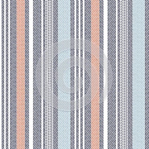 Striped pattern seamless vector in blue, orange, white. Herringbone textured vertical lines background.