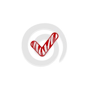 Striped peppermint candy in the shape of Check Mark. Glossy Christmas valid Seal, ok sticker icon isolated on white