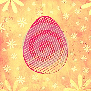 Pink easter egg over yellow old paper background with flowers