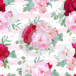 Striped pink floral seamless vector print with peony, alstroemeria lily, mint eucalyptus. photo