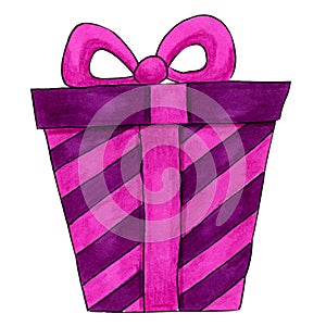 Striped pink and violet cardboard gift box decorated with ribbon and bow isolated on white background. Watercolor hand drawn