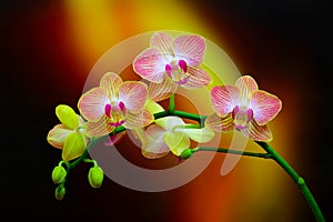 Striped pink and yellow phalaenopsis orchid flowers on abstract background