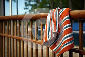 a striped pool towel hanging on a rusty nail against a wooden deck railing