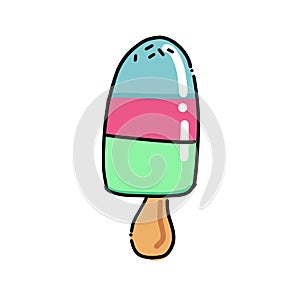 Striped puff Ice Cream Choc-ice Sketch. Hand drawn cartoon isolated illustration on a white background. Sweet delicious cold