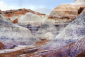 Striped purple sandstone formations of Blue Mesa badlands in Petrified Forest National Park