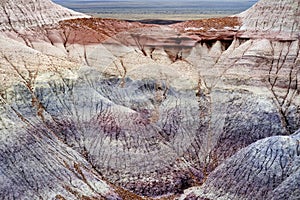 Striped purple sandstone formations of Blue Mesa badlands in Petrified Forest National Park, Arizona, USA