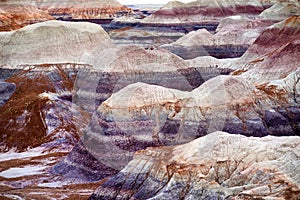 Striped purple sandstone formations of Blue Mesa badlands in Petrified Forest National Park