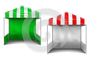 Striped red, green and white canopy tent with back and side walls. Pop-up gazebo. Foldable event marquee