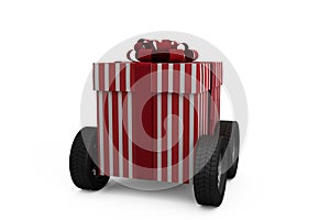 Striped red and white gift box on wheels