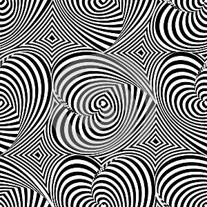 Striped repeating texture with hearts. Abstract vector seamless op art pattern with waving lines.