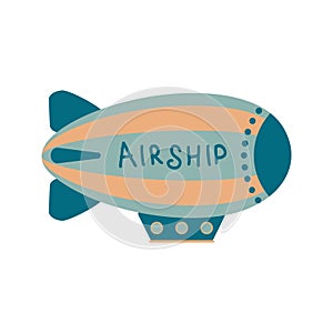 Striped retro blimp with inscription Airship. Perfect print for poster, card, sticker. Isolated vector illustration for decor and