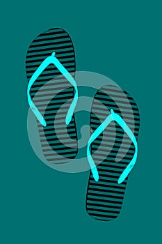 Striped rubber flip flops, isolated. Style: abstraction, illustration, monochrome, neon