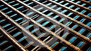 Striped rusty metal grate in a row on wet flooring generated by AI