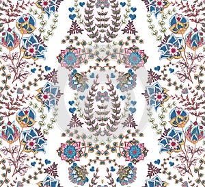 Striped Seamless pattern with fantastic flowers. Vintage flowers ornament in blue pink colors. Floral wallpaper