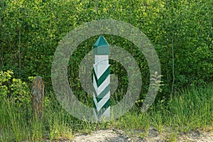 Striped signal pole among the green vegetation