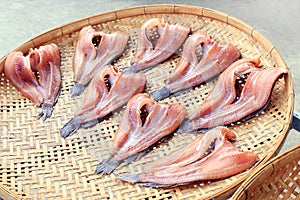 Striped snakehead fish on bamboo threshing basket in air sun for dried, dry striped snakehead fish sun dried, striped snakehead