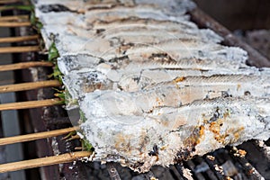 Striped snakehead fish grilled with salt. Pomegranate fish with salt and then burned for sales in the market. Thai style street f