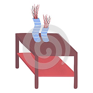 Striped socks with red squiggly lines on wooden table. Abstract concept of feet on furniture. Surreal humorous vector