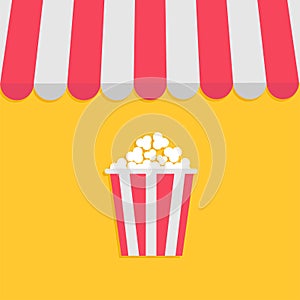 Striped store awning for shop, marketplace, cafe, restaurant. Red white canopy roof. Popcorn box. Cinema icon. Flat design. Yellow photo