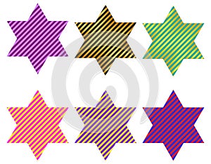 Striped stars with six points or hexagram in different colors photo