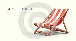 Striped sun lounger for relaxing outside. Wooden deck chair for sunbathing