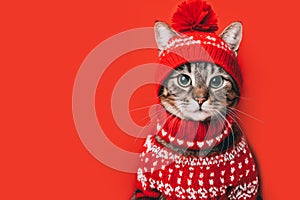 Striped tabby cat wearing a red and white striped knit sweater and hat