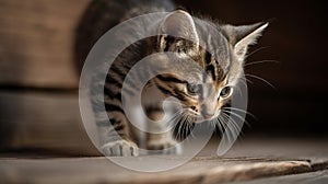 Striped tabby kitten walks across board